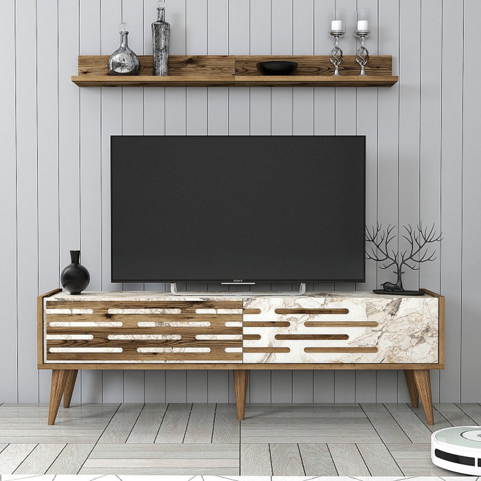 Hanah Home Valensiya 140 Mueble de TV 140cm Nogal, Blanco y Mármol